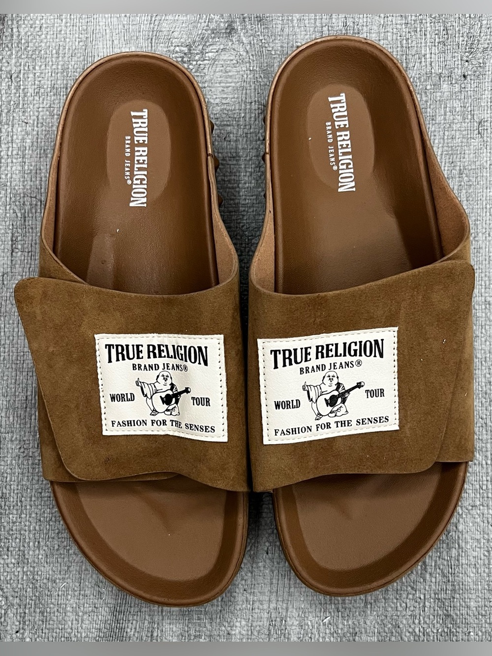 True Religion World Tour Men's Slide Sandals Brown Logo Slip-On Adjustable US 11